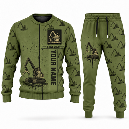 Personalized Tigercat T250E Log Loader Operator Combo Sweater + Jogger in olive, sweater and jogger artwork with YOUR NAME and SINCE 2000 sample text.