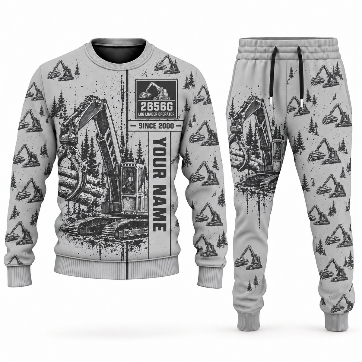 Personalized John Deere 2656G Log Loader Operator Combo Sweater + Jogger in lightgray, sweater and jogger artwork with YOUR NAME and SINCE 2000 sample text.
