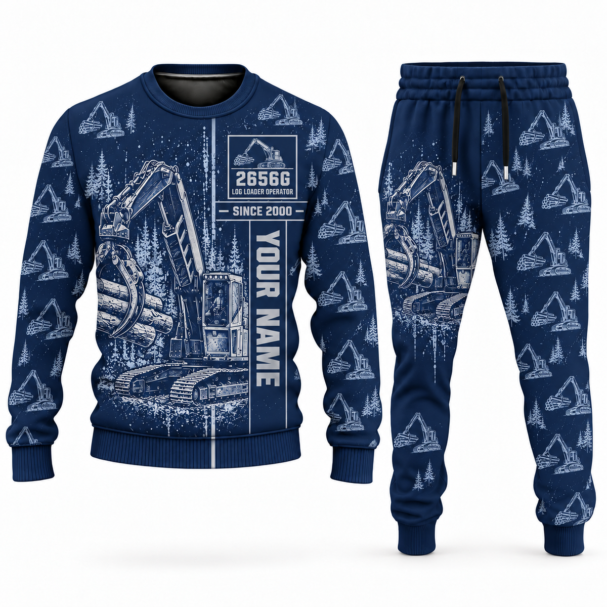 Personalized John Deere 2656G Log Loader Operator Combo Sweater + Jogger in navy, sweater and jogger artwork with YOUR NAME and SINCE 2000 sample text.