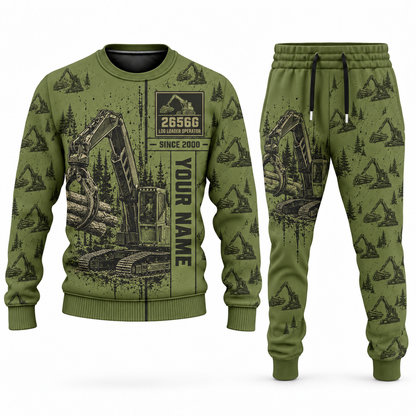 Personalized John Deere 2656G Log Loader Operator Combo Sweater + Jogger in olive, sweater and jogger artwork with YOUR NAME and SINCE 2000 sample text.