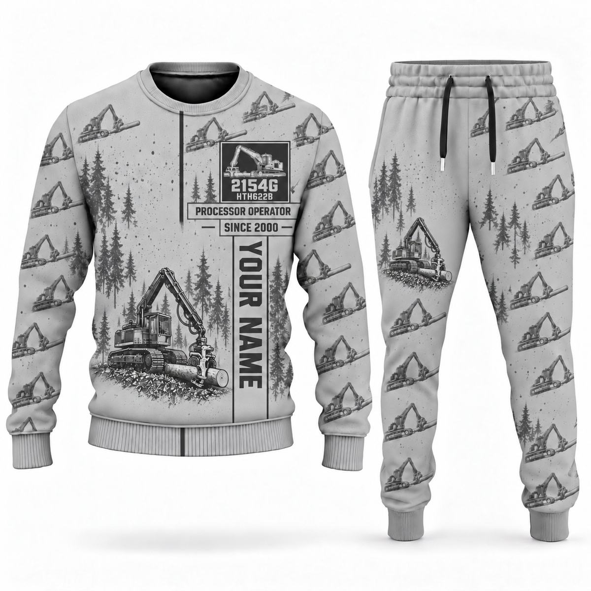 Personalized John Deere 2154G with Waratah HTH622B Processor Operator Combo Sweater + Jogger in lightgray, sweater and jogger artwork with YOUR NAME and SINCE 2000 sample text.