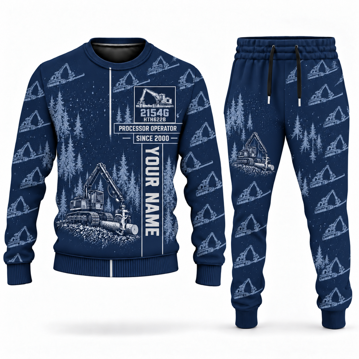 Personalized John Deere 2154G with Waratah HTH622B Processor Operator Combo Sweater + Jogger in navy, sweater and jogger artwork with YOUR NAME and SINCE 2000 sample text.