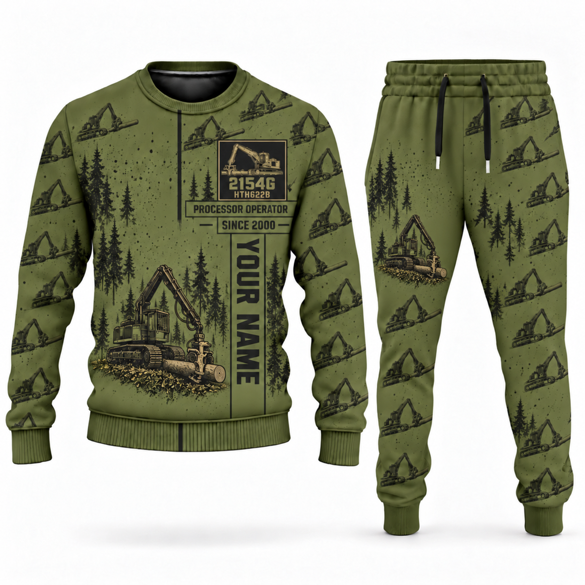 Personalized John Deere 2154G with Waratah HTH622B Processor Operator Combo Sweater + Jogger in olive, sweater and jogger artwork with YOUR NAME and SINCE 2000 sample text.