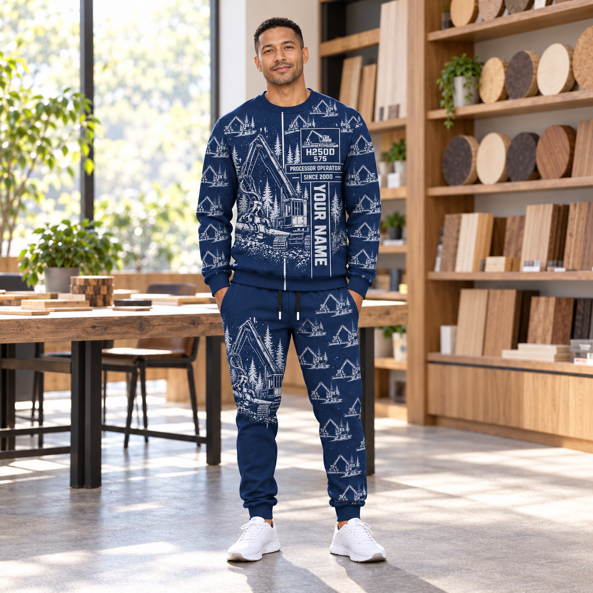 Personalized Tigercat H250D with 575 Processor Operator Combo Sweater + Jogger in Navy, sweater and jogger artwork with YOUR NAME and SINCE 2000 sample text.