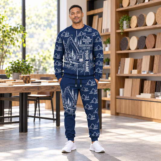 Personalized Tigercat H250D with 575 Processor Operator Combo Sweater + Jogger in Navy, sweater and jogger artwork with YOUR NAME and SINCE 2000 sample text.