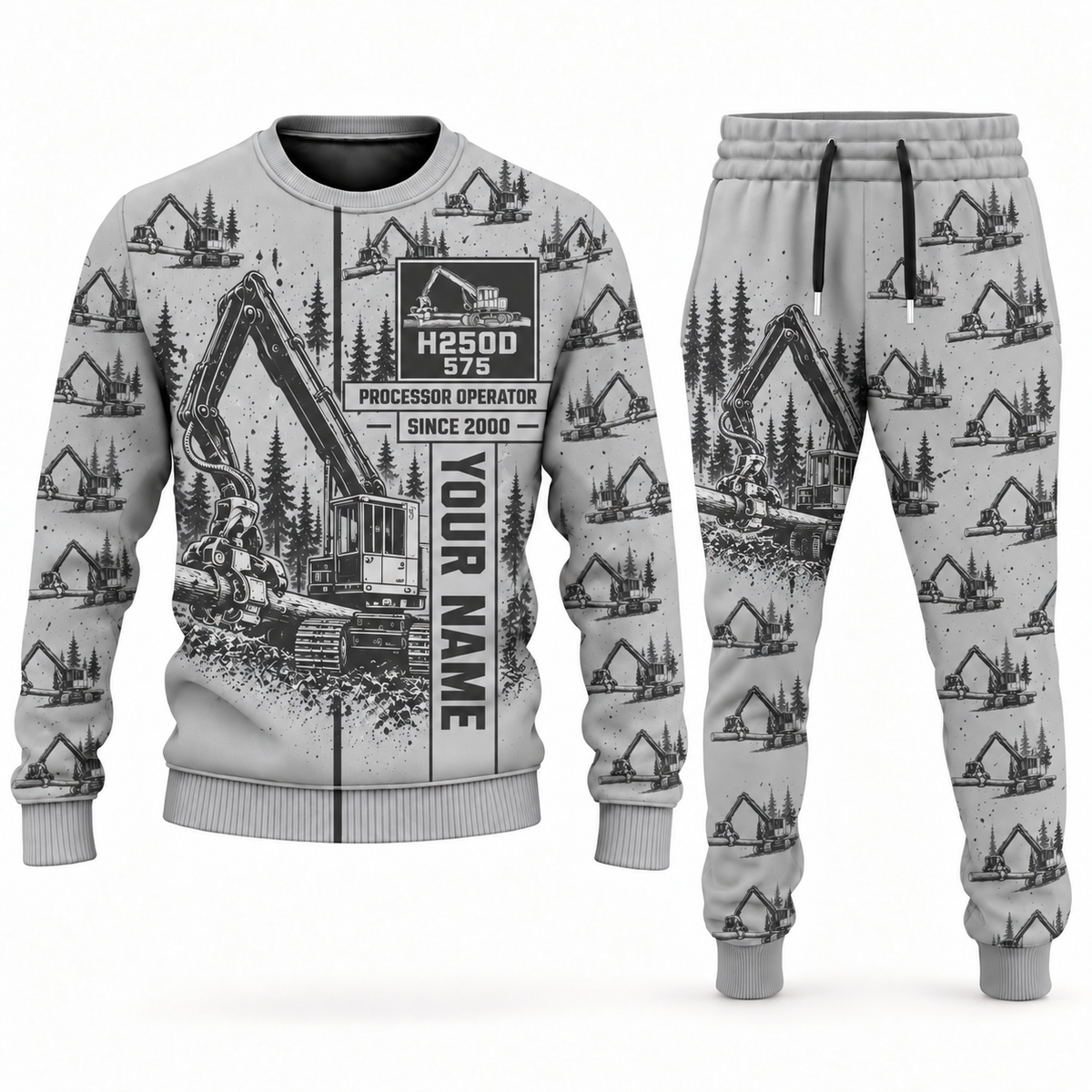 Personalized Tigercat H250D with 575 Processor Operator Combo Sweater + Jogger in lightgray, sweater and jogger artwork with YOUR NAME and SINCE 2000 sample text.