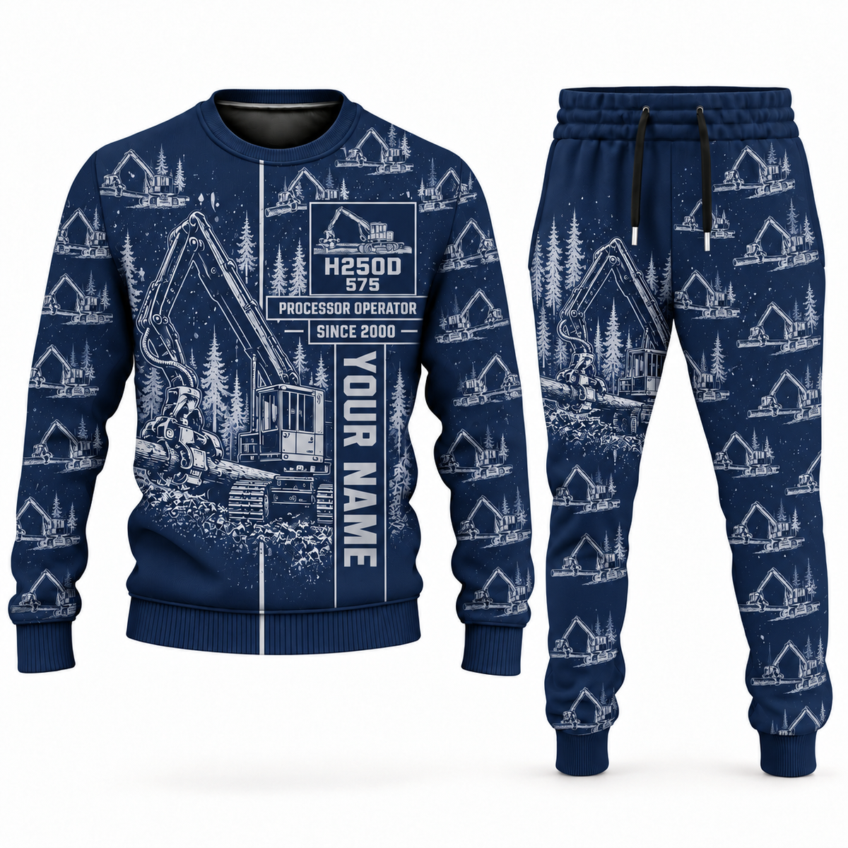 Personalized Tigercat H250D with 575 Processor Operator Combo Sweater + Jogger in navy, sweater and jogger artwork with YOUR NAME and SINCE 2000 sample text.