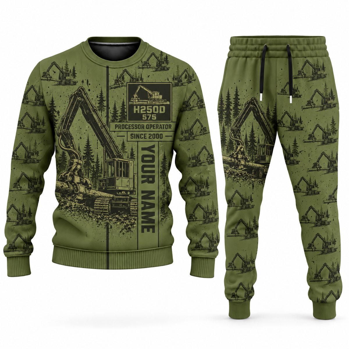 Personalized Tigercat H250D with 575 Processor Operator Combo Sweater + Jogger in olive, sweater and jogger artwork with YOUR NAME and SINCE 2000 sample text.