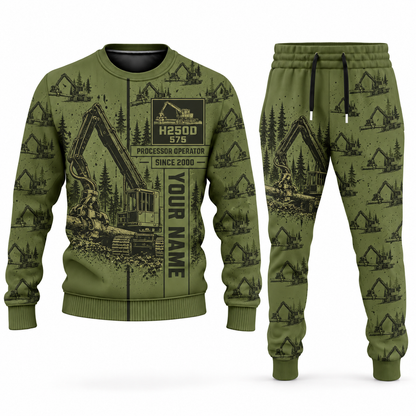 Personalized Tigercat H250D with 575 Processor Operator Combo Sweater + Jogger in olive, sweater and jogger artwork with YOUR NAME and SINCE 2000 sample text.