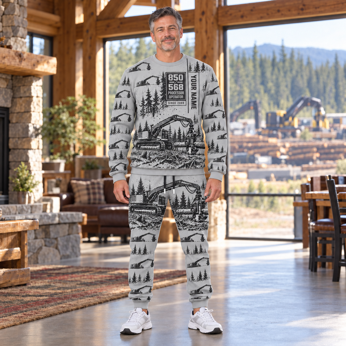 Personalized Tigercat 850 with 568 Processor Operator Combo Sweater + Jogger in Light Gray, sweater and jogger artwork with YOUR NAME and SINCE 2000 sample text.