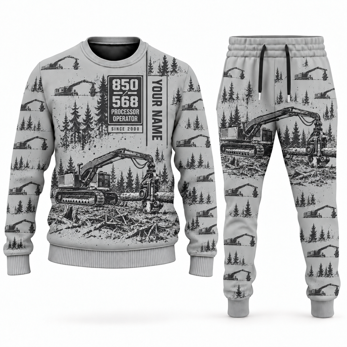 Personalized Tigercat 850 with 568 Processor Operator Combo Sweater + Jogger in lightgray, sweater and jogger artwork with YOUR NAME and SINCE 2000 sample text.