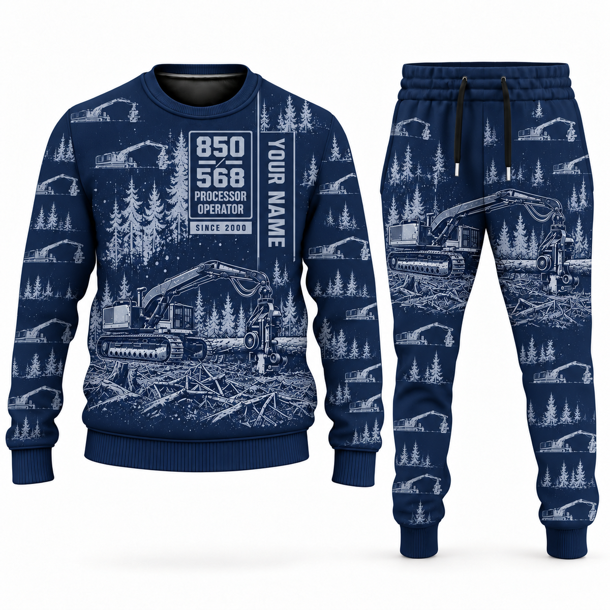 Personalized Tigercat 850 with 568 Processor Operator Combo Sweater + Jogger in navy, sweater and jogger artwork with YOUR NAME and SINCE 2000 sample text.