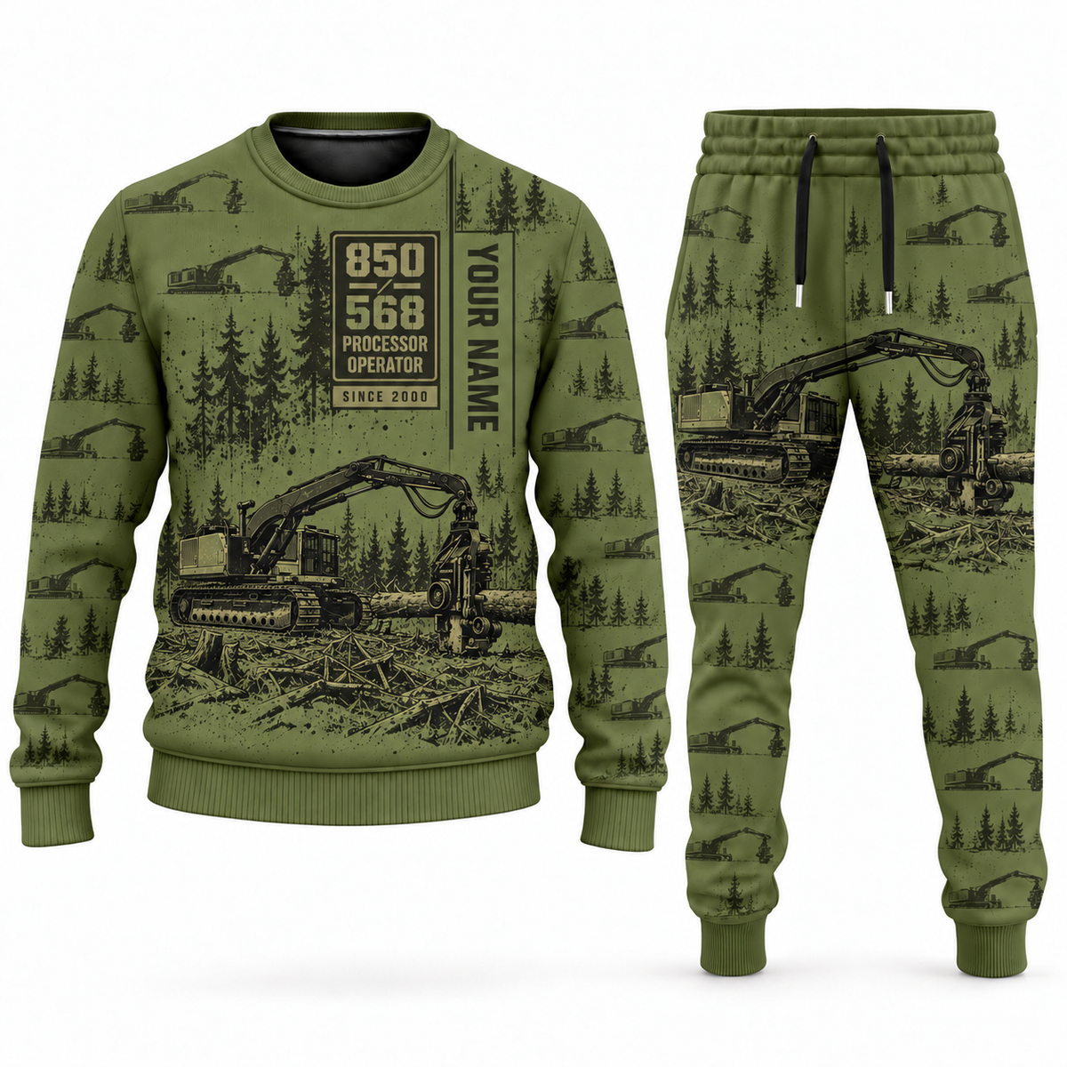 Personalized Tigercat 850 with 568 Processor Operator Combo Sweater + Jogger in olive, sweater and jogger artwork with YOUR NAME and SINCE 2000 sample text.