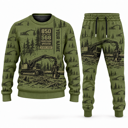 Personalized Tigercat 850 with 568 Processor Operator Combo Sweater + Jogger in olive, sweater and jogger artwork with YOUR NAME and SINCE 2000 sample text.