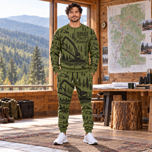 Personalized Tigercat S855E Live-Heel Shovel Logger Operator Combo Sweater + Jogger in Olive, sweater and jogger artwork with YOUR NAME and SINCE 2000 sample text.
