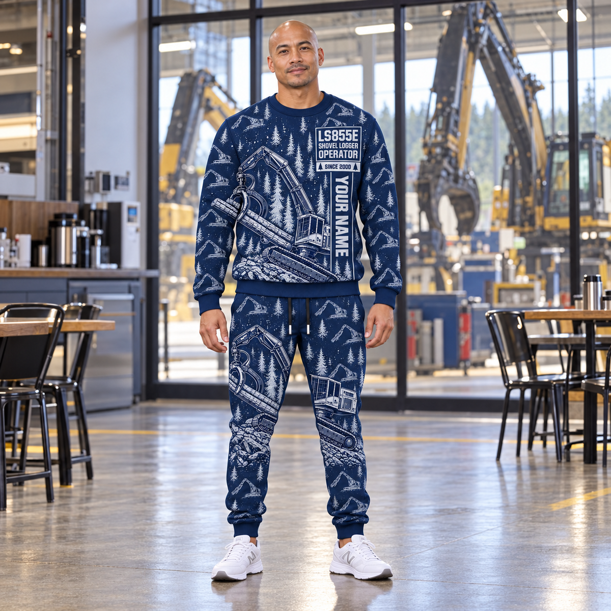 Personalized Tigercat LS855E Live-Heel Shovel Logger Operator Combo Sweater + Jogger in Navy, sweater and jogger artwork with YOUR NAME and SINCE 2000 sample text.