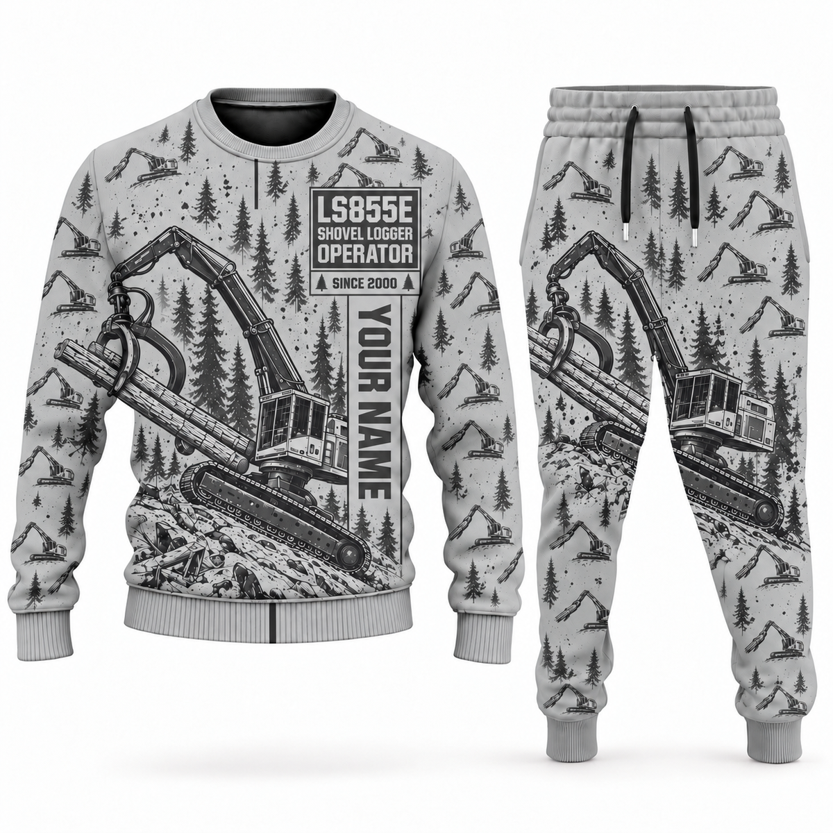Personalized Tigercat LS855E Live-Heel Shovel Logger Operator Combo Sweater + Jogger in lightgray, sweater and jogger artwork with YOUR NAME and SINCE 2000 sample text.