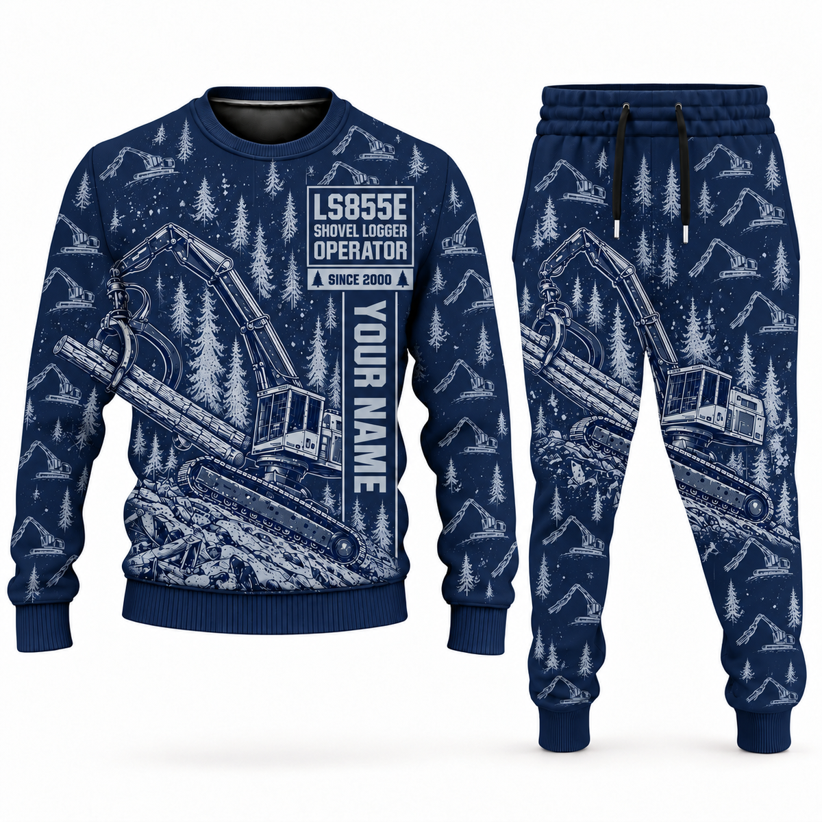 Personalized Tigercat LS855E Live-Heel Shovel Logger Operator Combo Sweater + Jogger in navy, sweater and jogger artwork with YOUR NAME and SINCE 2000 sample text.
