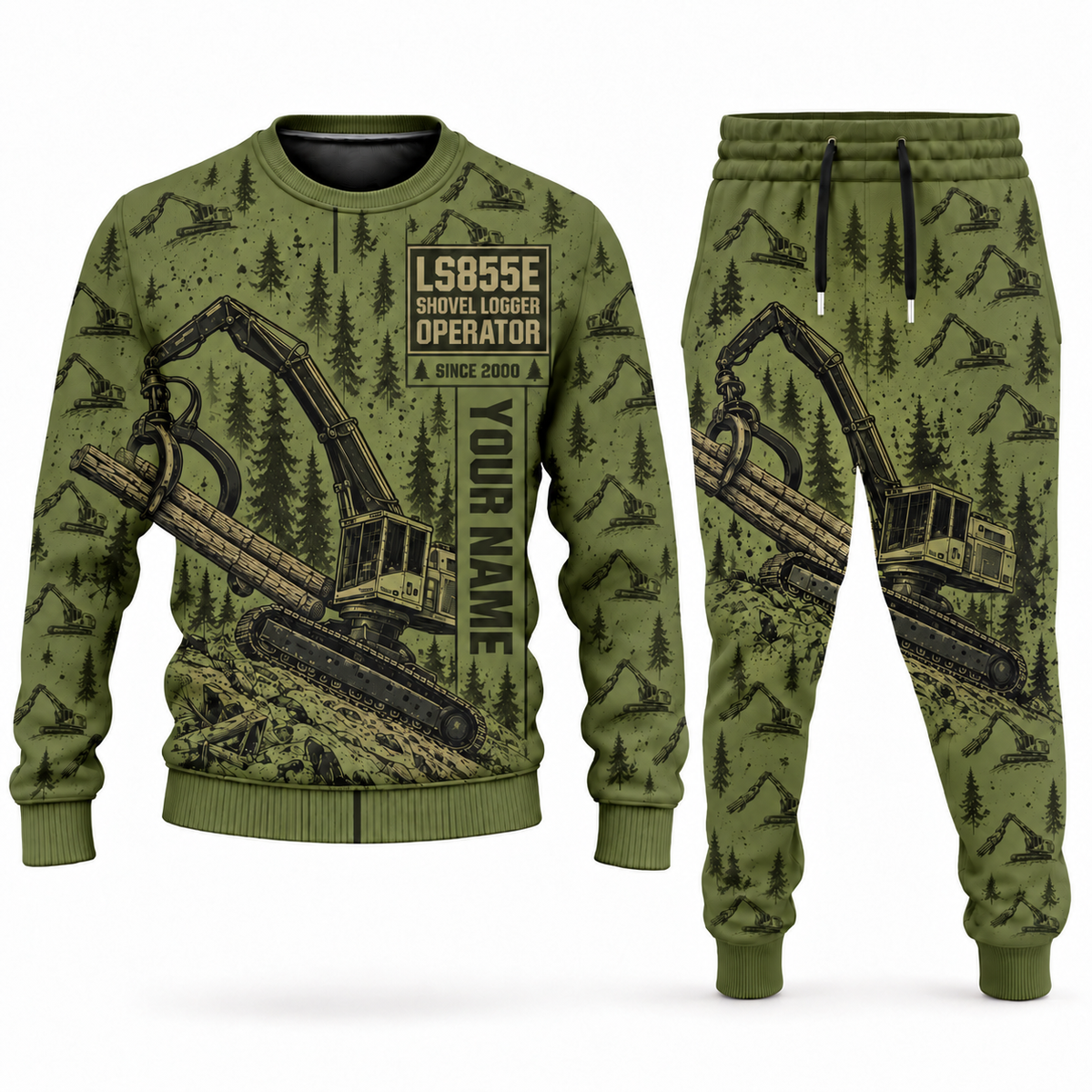 Personalized Tigercat LS855E Live-Heel Shovel Logger Operator Combo Sweater + Jogger in olive, sweater and jogger artwork with YOUR NAME and SINCE 2000 sample text.