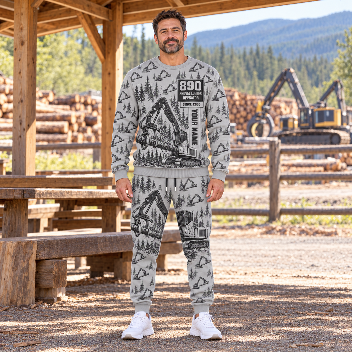 Personalized Tigercat 890 Live-Heel Shovel Logger Operator Combo Sweater + Jogger in Light Gray, sweater and jogger artwork with YOUR NAME and SINCE 2000 sample text.