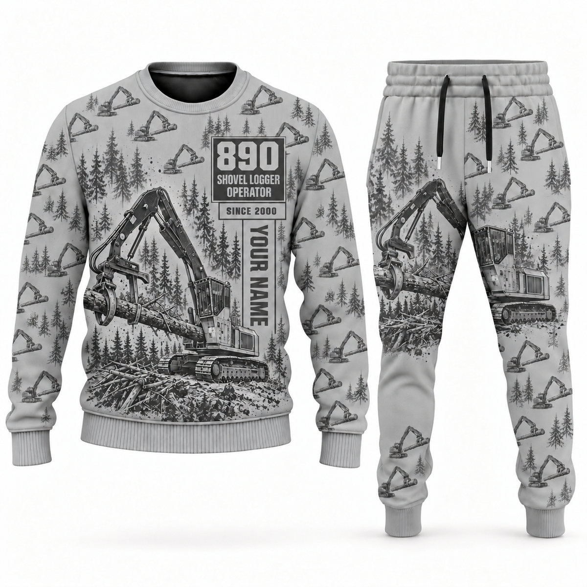 Personalized Tigercat 890 Live-Heel Shovel Logger Operator Combo Sweater + Jogger in lightgray, sweater and jogger artwork with YOUR NAME and SINCE 2000 sample text.