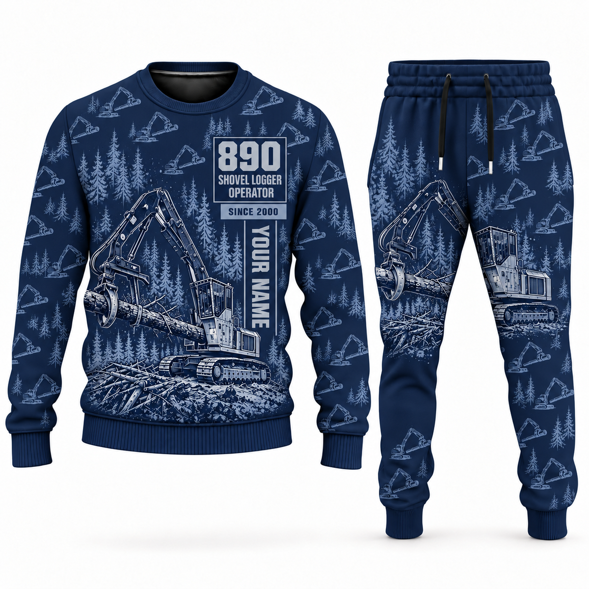 Personalized Tigercat 890 Live-Heel Shovel Logger Operator Combo Sweater + Jogger in navy, sweater and jogger artwork with YOUR NAME and SINCE 2000 sample text.