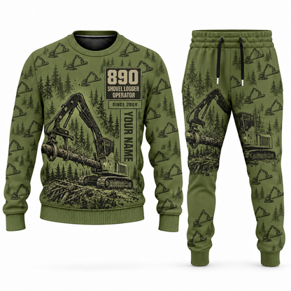 Personalized Tigercat 890 Live-Heel Shovel Logger Operator Combo Sweater + Jogger in olive, sweater and jogger artwork with YOUR NAME and SINCE 2000 sample text.