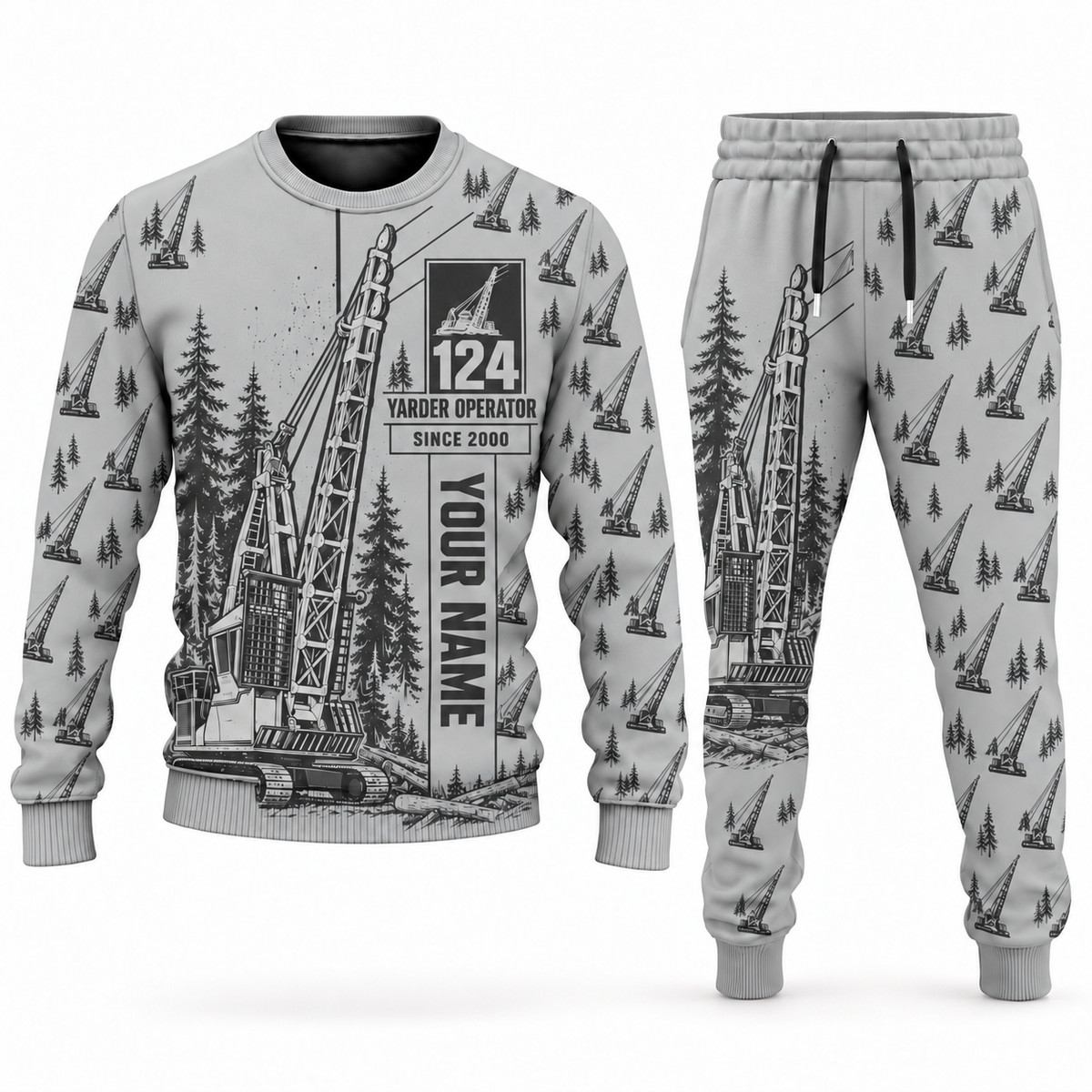 Personalized Madill 124 Yarder Operator Combo Sweater + Jogger in lightgray, sweater and jogger artwork with YOUR NAME and SINCE 2000 sample text.