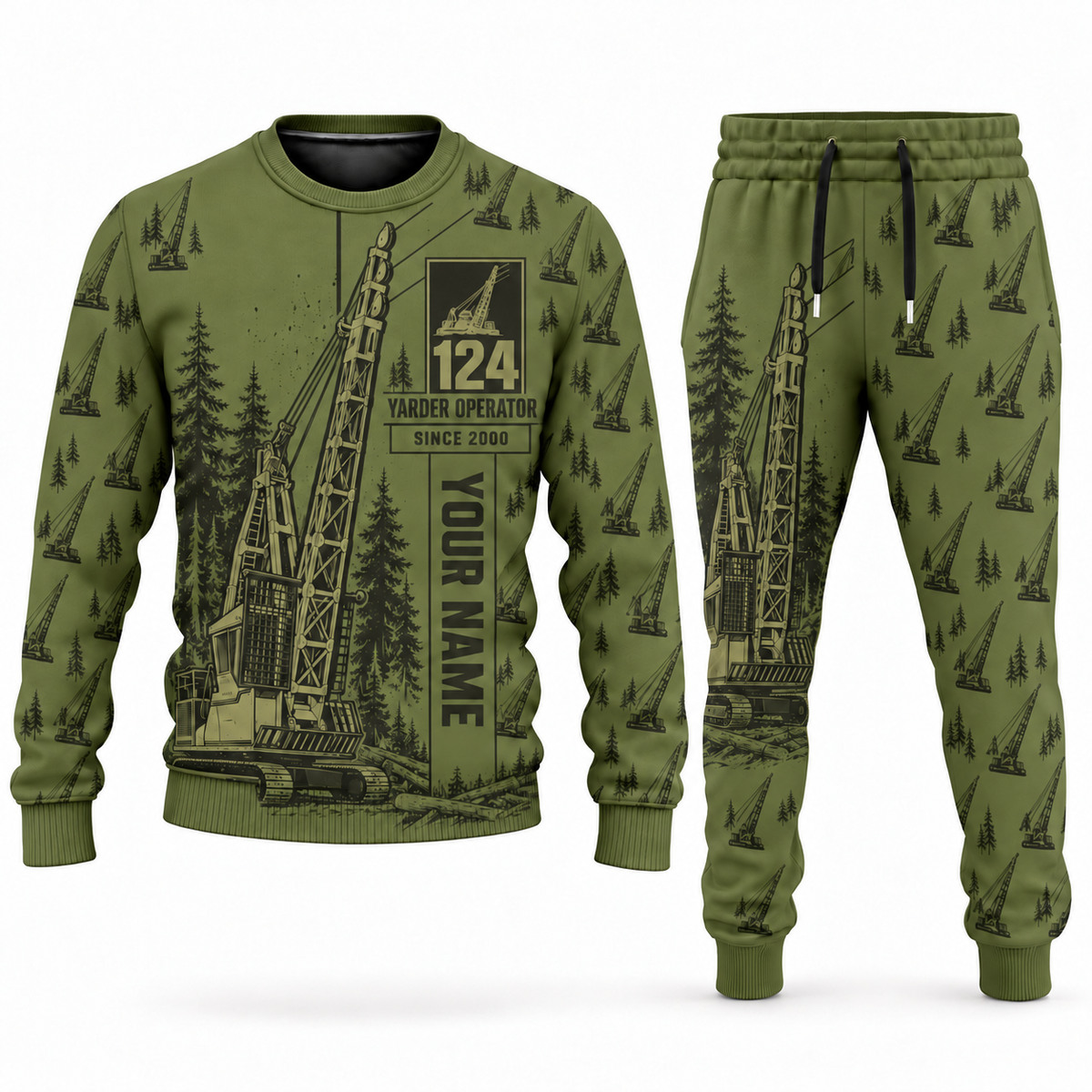 Personalized Madill 124 Yarder Operator Combo Sweater + Jogger in olive, sweater and jogger artwork with YOUR NAME and SINCE 2000 sample text.