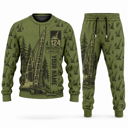 Personalized Madill 124 Yarder Operator Combo Sweater + Jogger in olive, sweater and jogger artwork with YOUR NAME and SINCE 2000 sample text.
