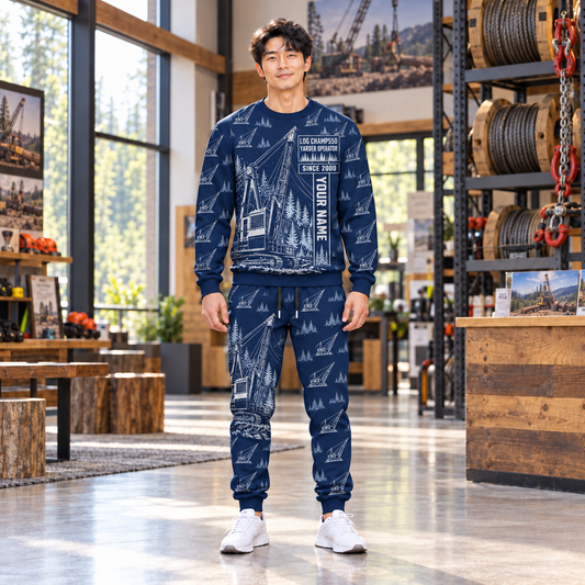 Personalized T-MAR Log Champ 550 Yarder Operator Combo Sweater + Jogger in Navy, sweater and jogger artwork with YOUR NAME and SINCE 2000 sample text.