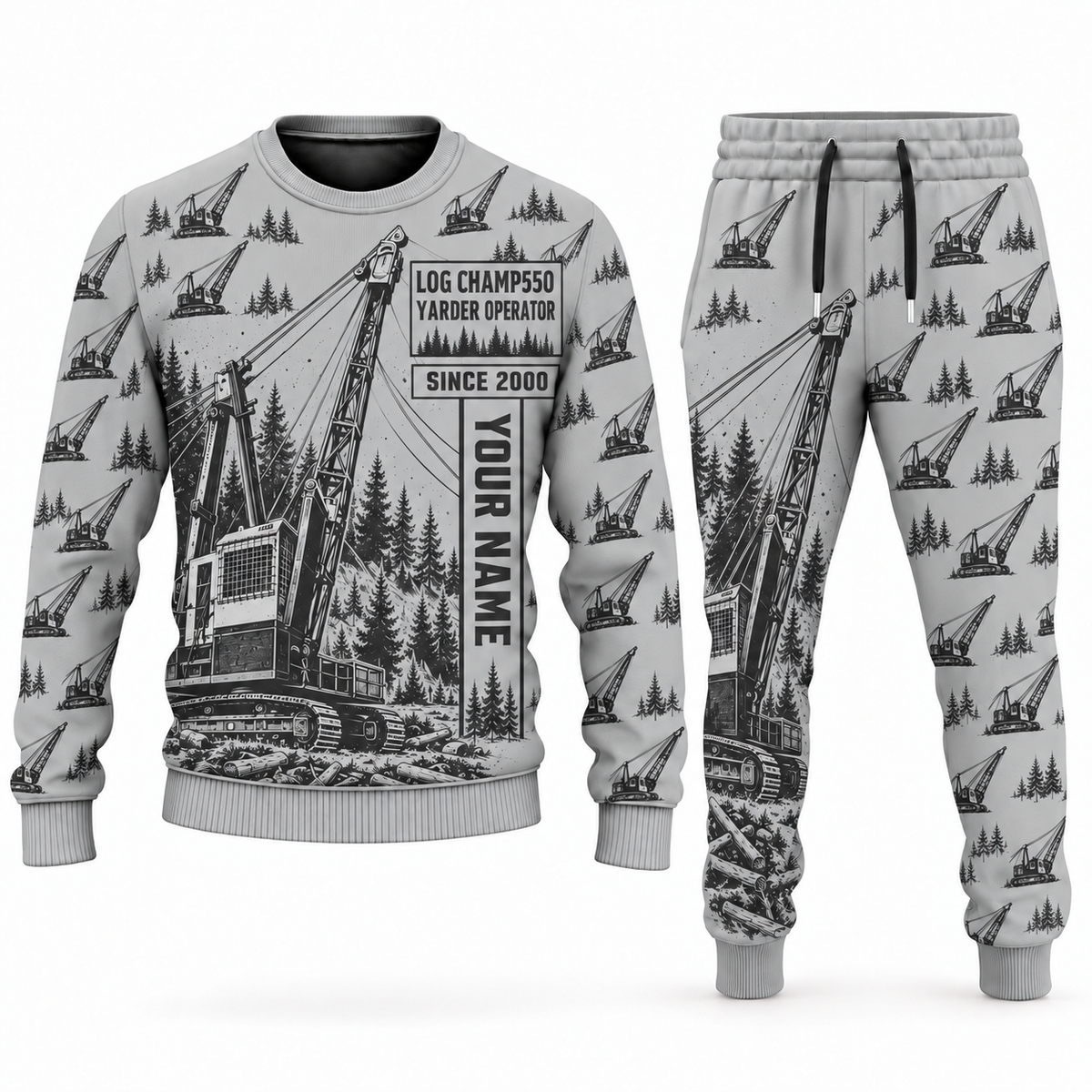 Personalized T-MAR Log Champ 550 Yarder Operator Combo Sweater + Jogger in lightgray, sweater and jogger artwork with YOUR NAME and SINCE 2000 sample text.