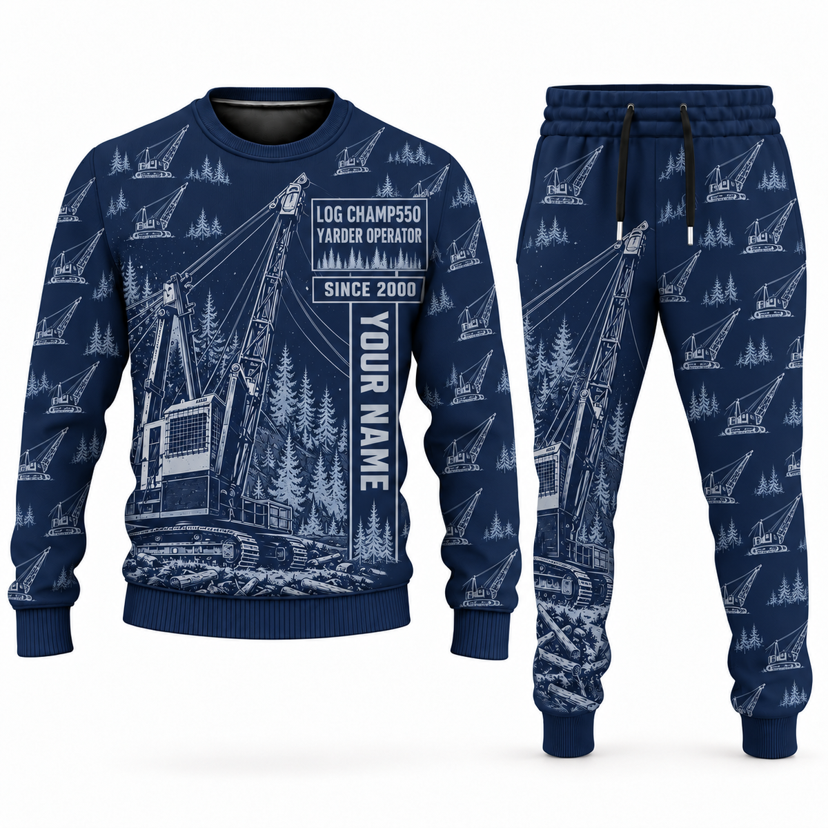 Personalized T-MAR Log Champ 550 Yarder Operator Combo Sweater + Jogger in navy, sweater and jogger artwork with YOUR NAME and SINCE 2000 sample text.