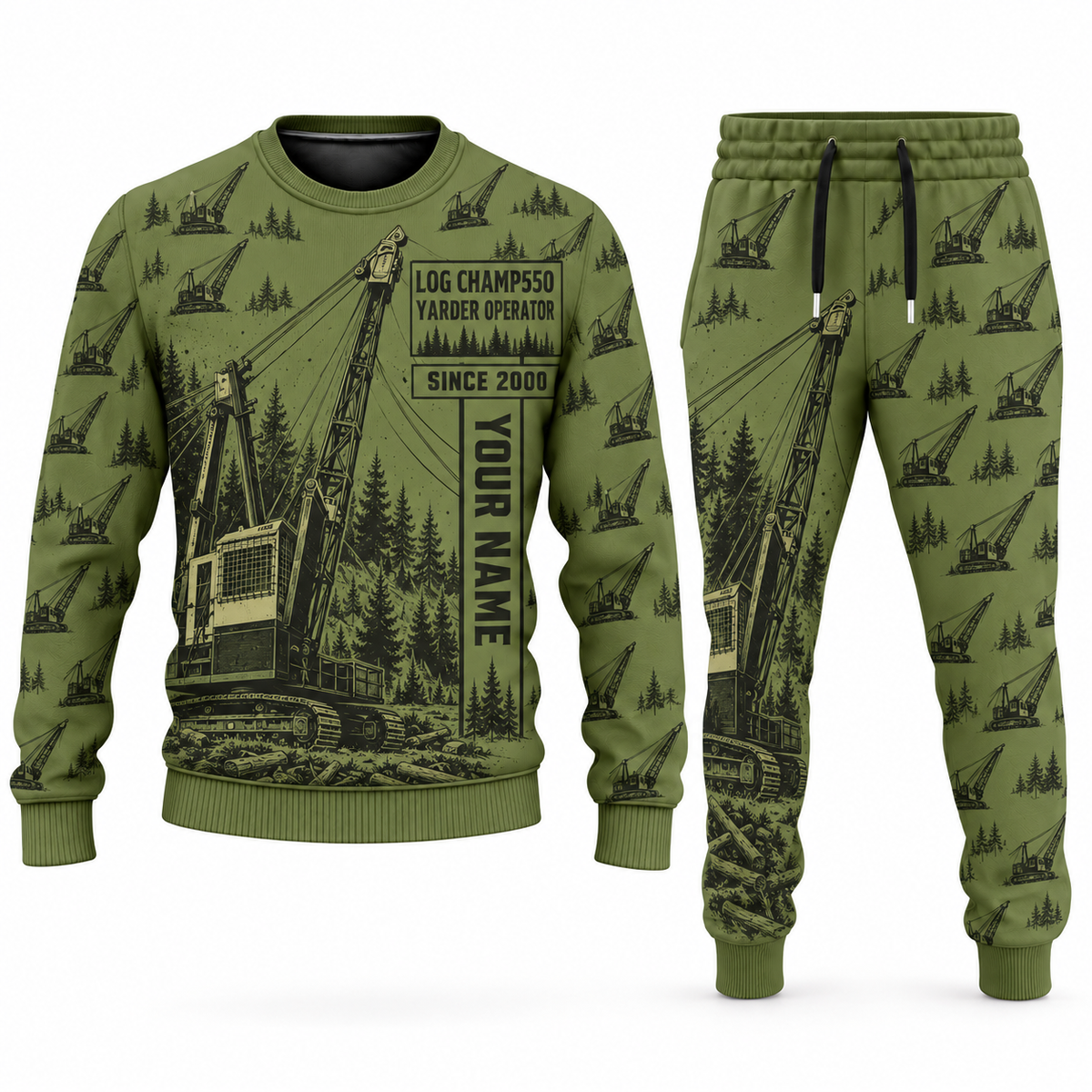 Personalized T-MAR Log Champ 550 Yarder Operator Combo Sweater + Jogger in olive, sweater and jogger artwork with YOUR NAME and SINCE 2000 sample text.