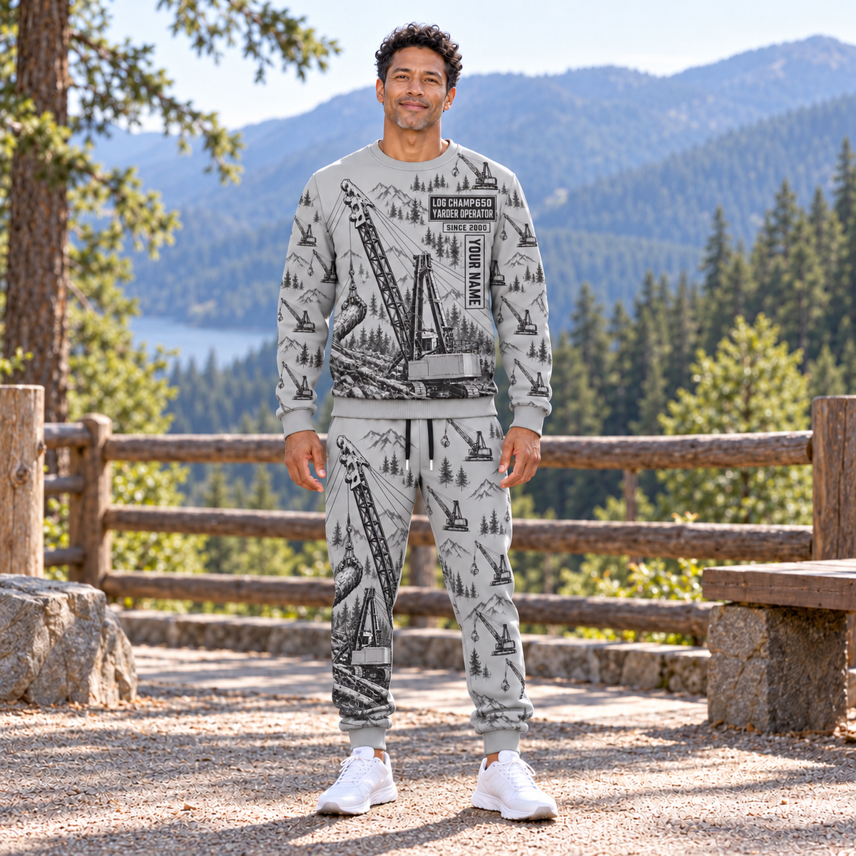Personalized T-MAR Log Champ 650 Yarder Operator Combo Sweater + Jogger in Light Gray, sweater and jogger artwork with YOUR NAME and SINCE 2000 sample text.