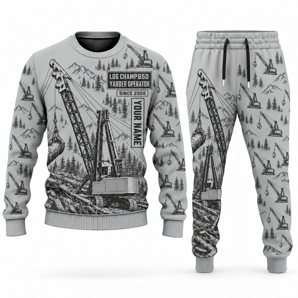 Personalized T-MAR Log Champ 650 Yarder Operator Combo Sweater + Jogger in lightgray, sweater and jogger artwork with YOUR NAME and SINCE 2000 sample text.