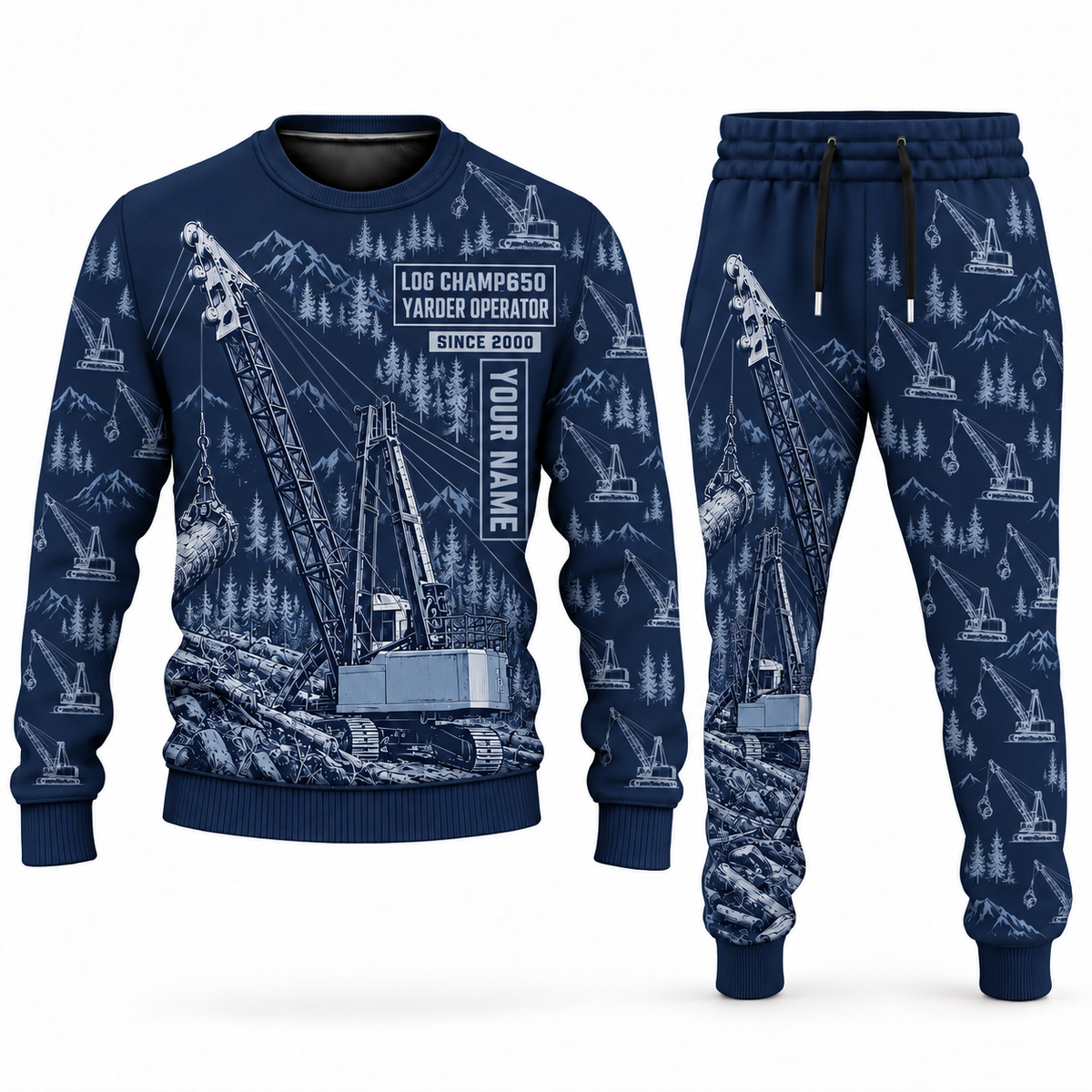 Personalized T-MAR Log Champ 650 Yarder Operator Combo Sweater + Jogger in navy, sweater and jogger artwork with YOUR NAME and SINCE 2000 sample text.