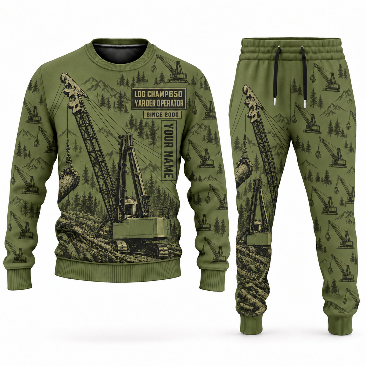 Personalized T-MAR Log Champ 650 Yarder Operator Combo Sweater + Jogger in olive, sweater and jogger artwork with YOUR NAME and SINCE 2000 sample text.