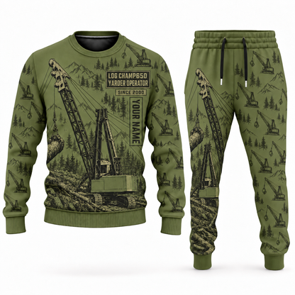 Personalized T-MAR Log Champ 650 Yarder Operator Combo Sweater + Jogger in olive, sweater and jogger artwork with YOUR NAME and SINCE 2000 sample text.