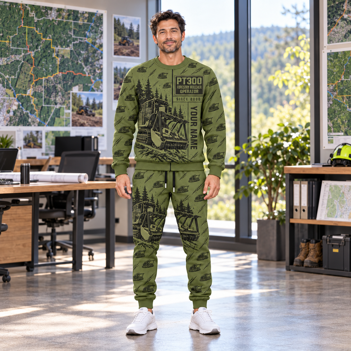 Personalized FAE PT300 Forestry Mulcher Operator Combo Sweater + Jogger in Olive, sweater and jogger artwork with YOUR NAME and SINCE 2000 sample text.