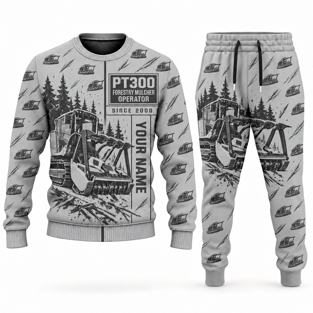 Personalized FAE PT300 Forestry Mulcher Operator Combo Sweater + Jogger in lightgray, sweater and jogger artwork with YOUR NAME and SINCE 2000 sample text.