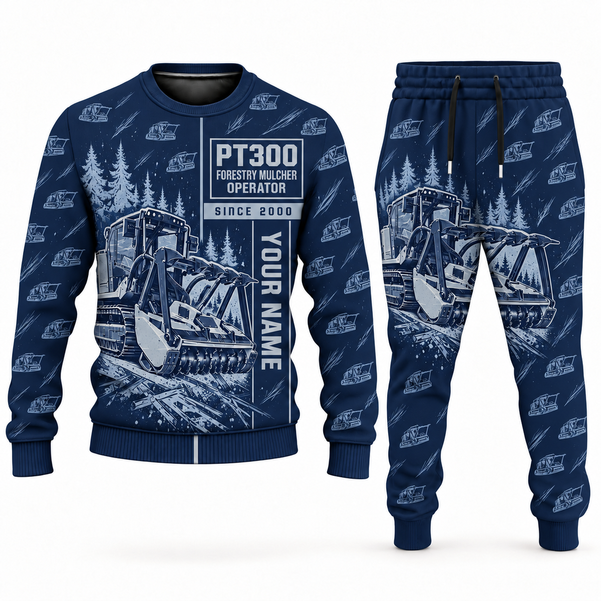 Personalized FAE PT300 Forestry Mulcher Operator Combo Sweater + Jogger in navy, sweater and jogger artwork with YOUR NAME and SINCE 2000 sample text.