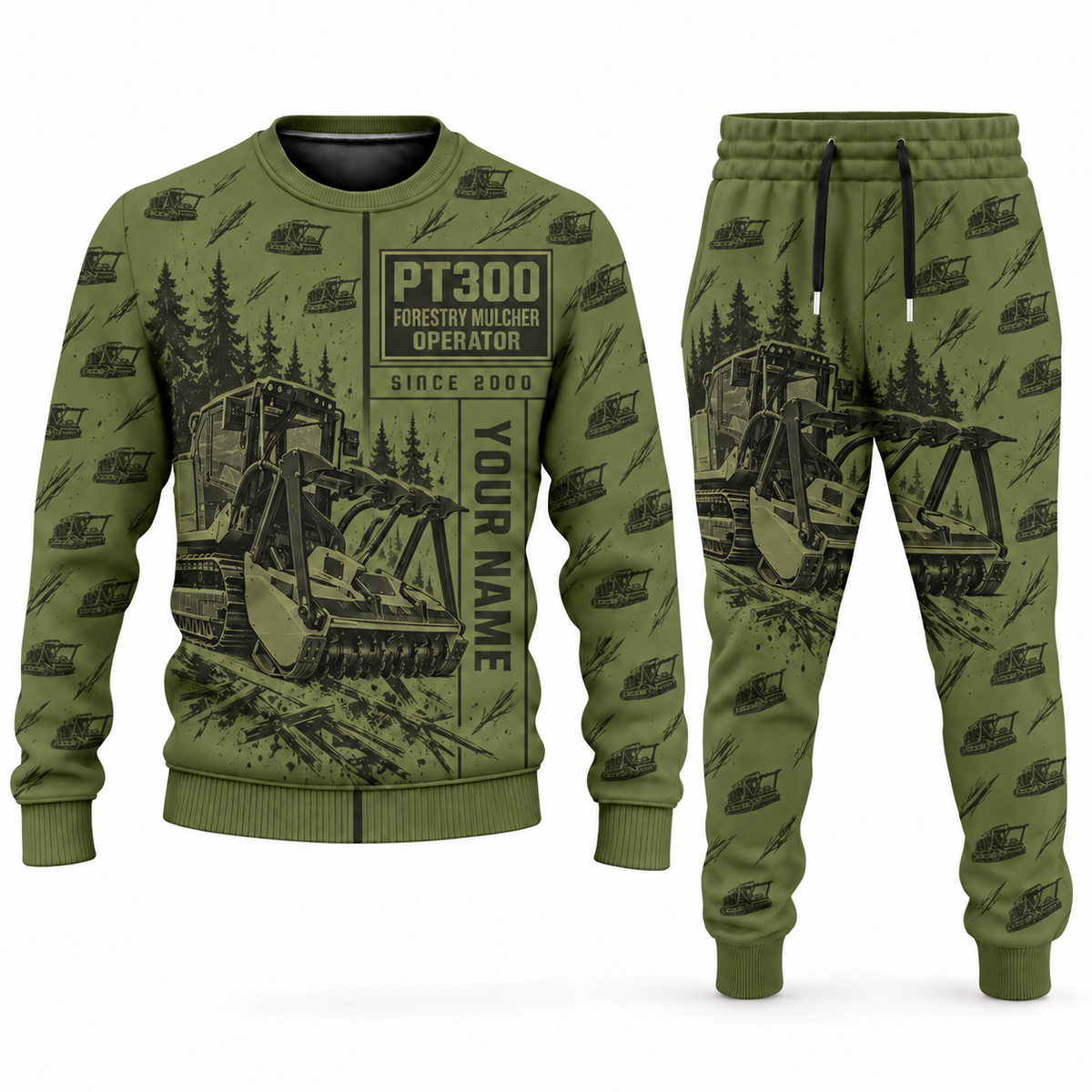 Personalized FAE PT300 Forestry Mulcher Operator Combo Sweater + Jogger in olive, sweater and jogger artwork with YOUR NAME and SINCE 2000 sample text.