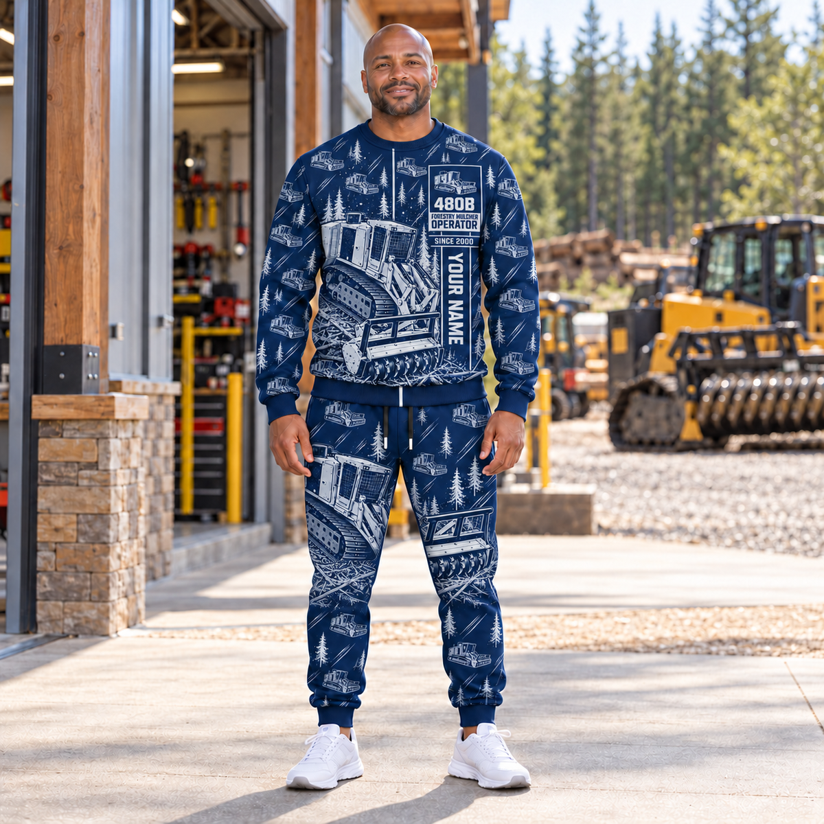 Personalized Tigercat 480B Forestry Mulcher Operator Combo Sweater + Jogger in Navy, sweater and jogger artwork with YOUR NAME and SINCE 2000 sample text.
