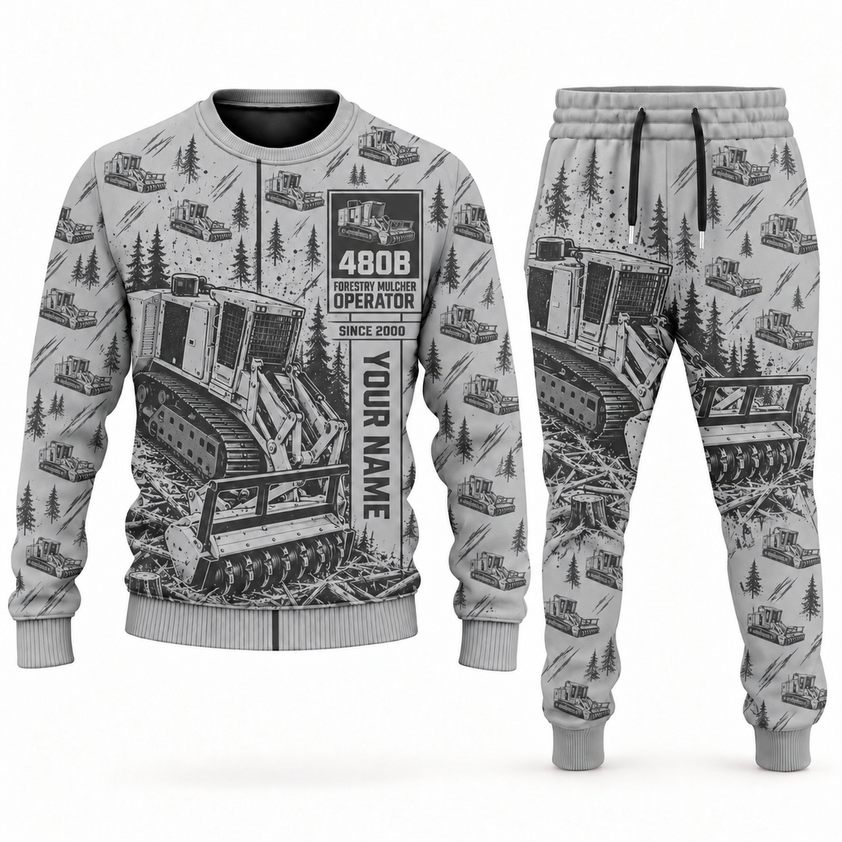Personalized Tigercat 480B Forestry Mulcher Operator Combo Sweater + Jogger in lightgray, sweater and jogger artwork with YOUR NAME and SINCE 2000 sample text.