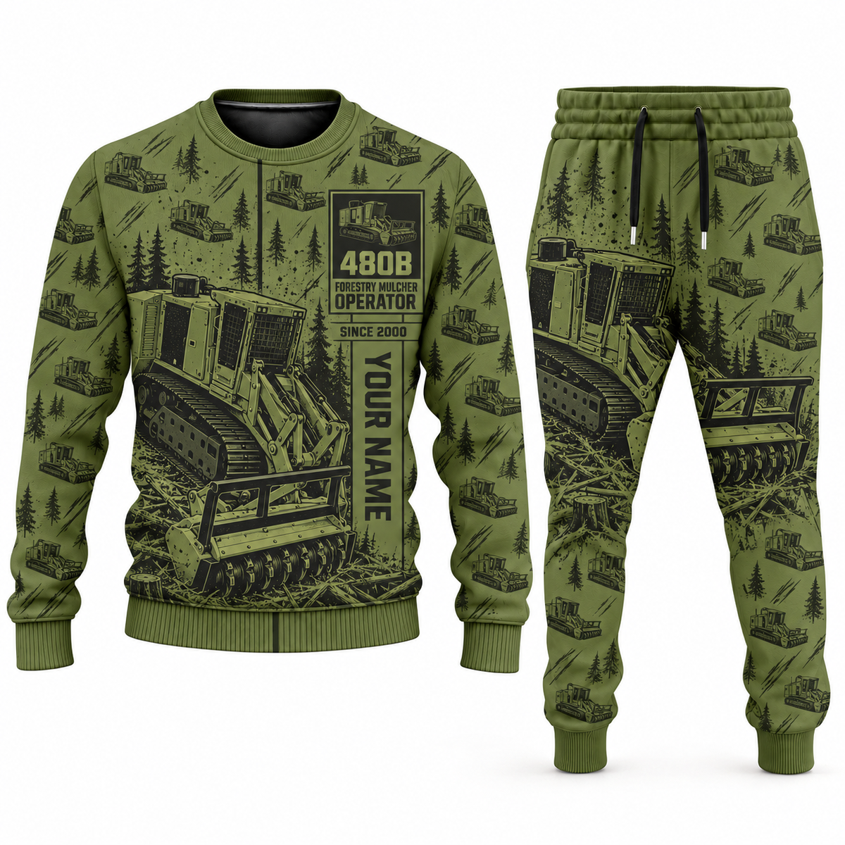 Personalized Tigercat 480B Forestry Mulcher Operator Combo Sweater + Jogger in olive, sweater and jogger artwork with YOUR NAME and SINCE 2000 sample text.