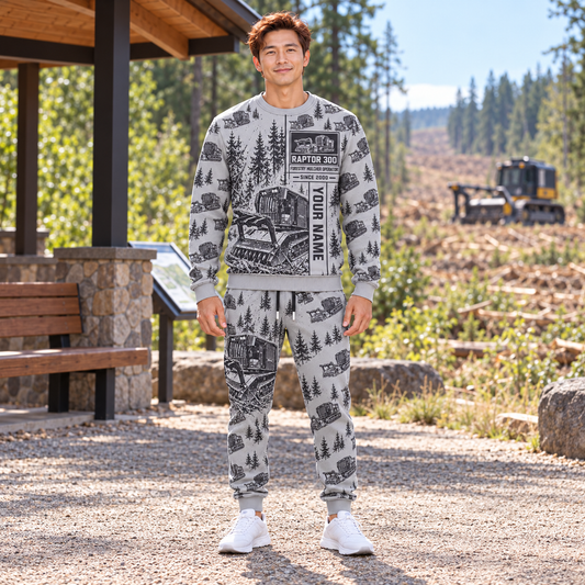 Personalized Prinoth Raptor 300 Forestry Mulcher Operator Combo Sweater + Jogger in Light Gray, sweater and jogger artwork with YOUR NAME and SINCE 2000 sample text.