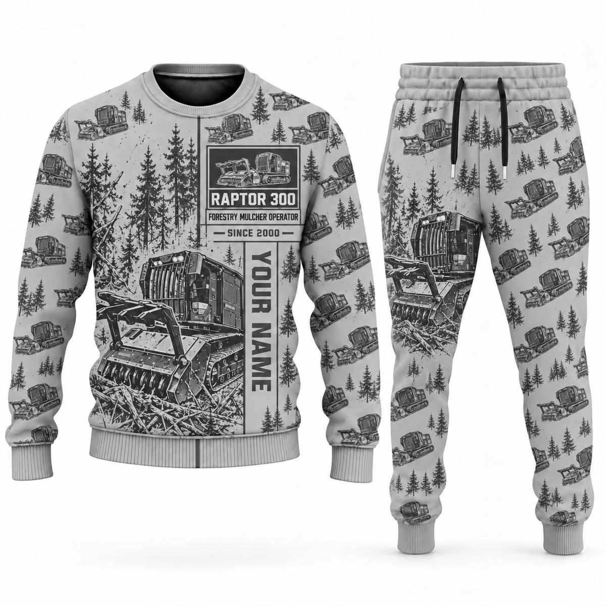 Personalized Prinoth Raptor 300 Forestry Mulcher Operator Combo Sweater + Jogger in lightgray, sweater and jogger artwork with YOUR NAME and SINCE 2000 sample text.