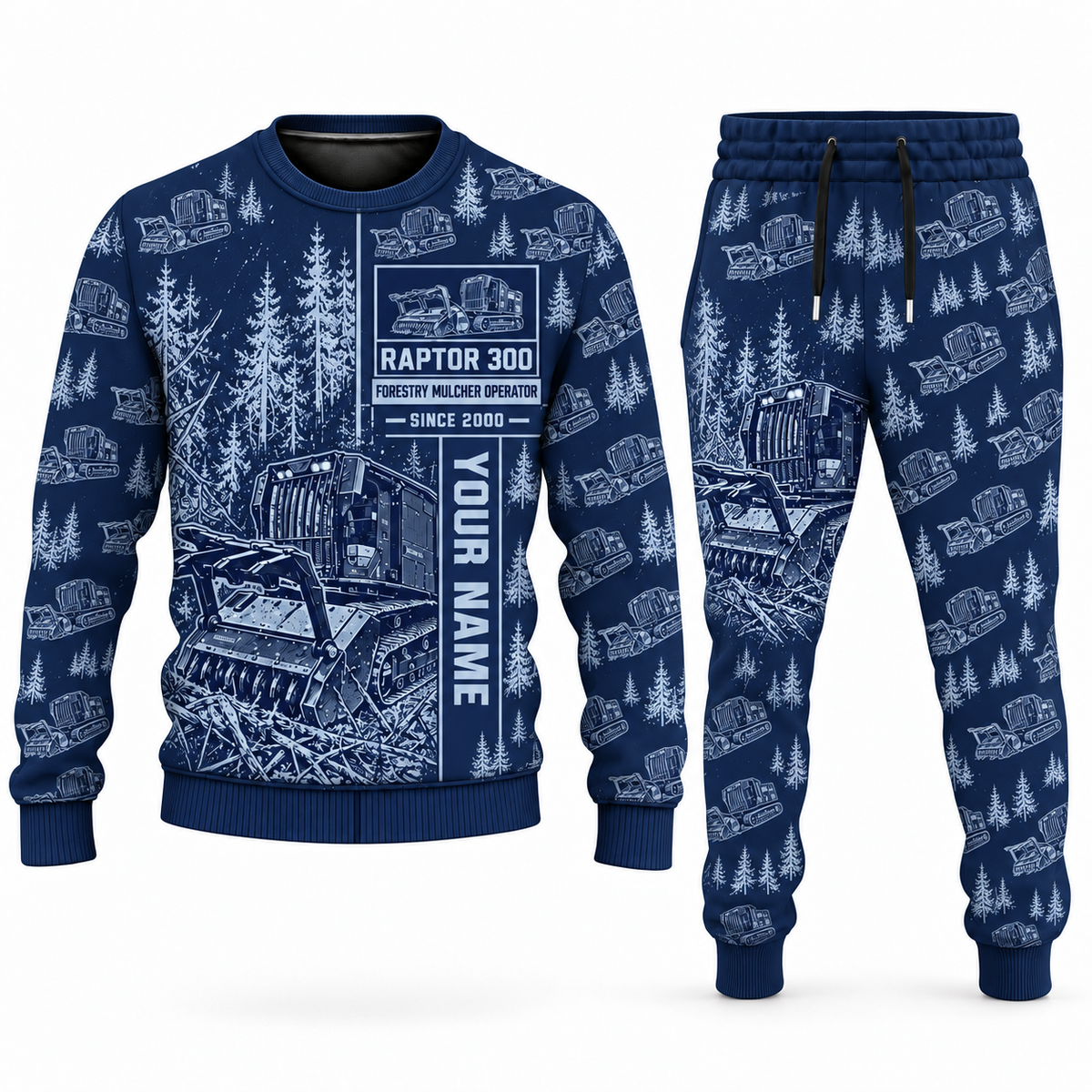 Personalized Prinoth Raptor 300 Forestry Mulcher Operator Combo Sweater + Jogger in navy, sweater and jogger artwork with YOUR NAME and SINCE 2000 sample text.