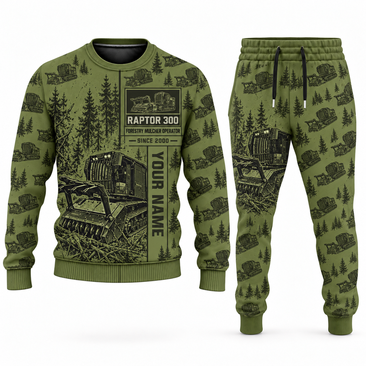 Personalized Prinoth Raptor 300 Forestry Mulcher Operator Combo Sweater + Jogger in olive, sweater and jogger artwork with YOUR NAME and SINCE 2000 sample text.